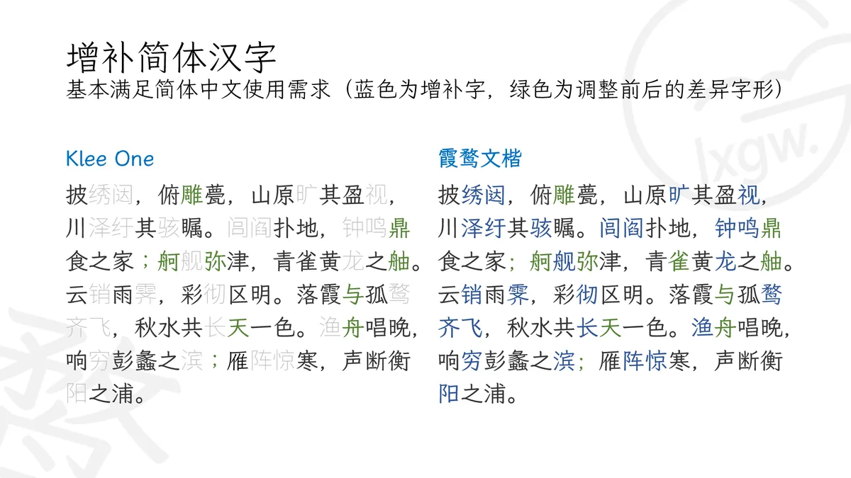 Klee One与霞鹜文楷官方对照图展示增补的简体汉字和调整字形