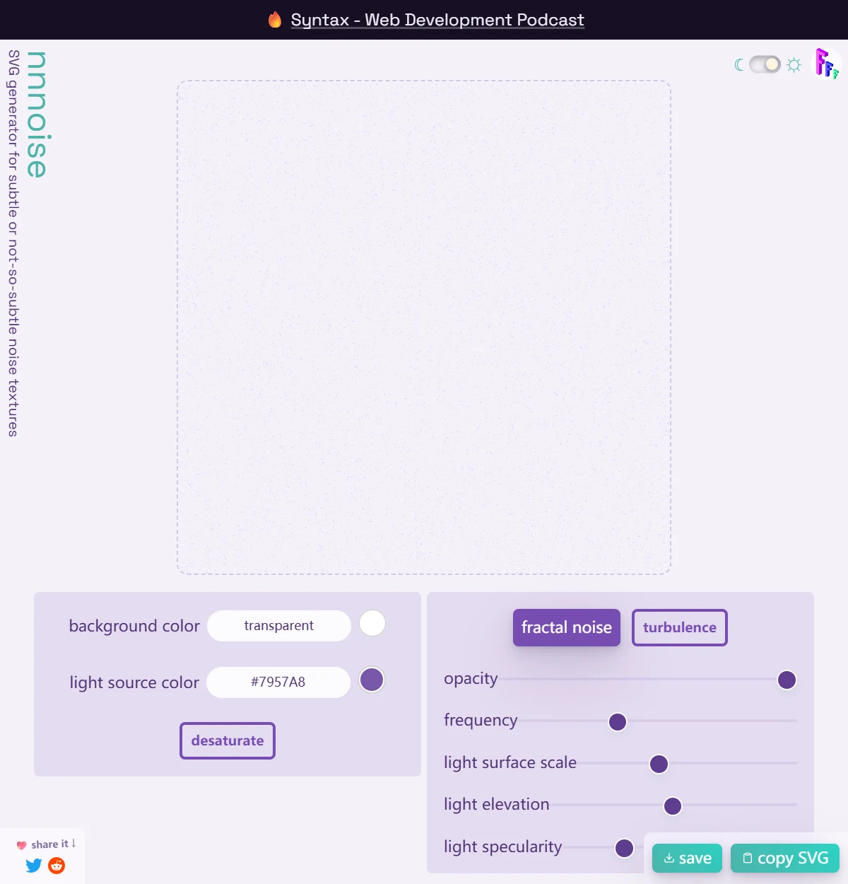 fffuel的nnnoise纹理生成界面展示颜色控制与SVG保存按钮