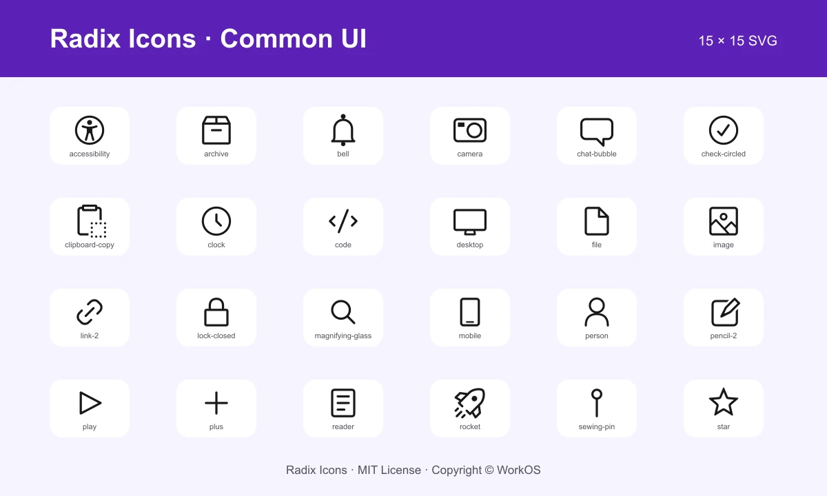 Radix Icons 官方通用界面图标中的归档通知相机文件搜索用户和播放等示例