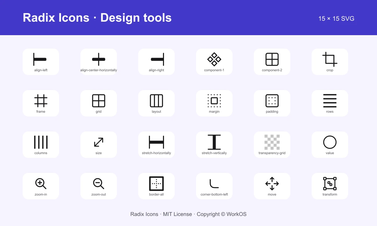 Radix Icons 官方设计工具图标中的对齐网格布局边距裁切尺寸和缩放示例