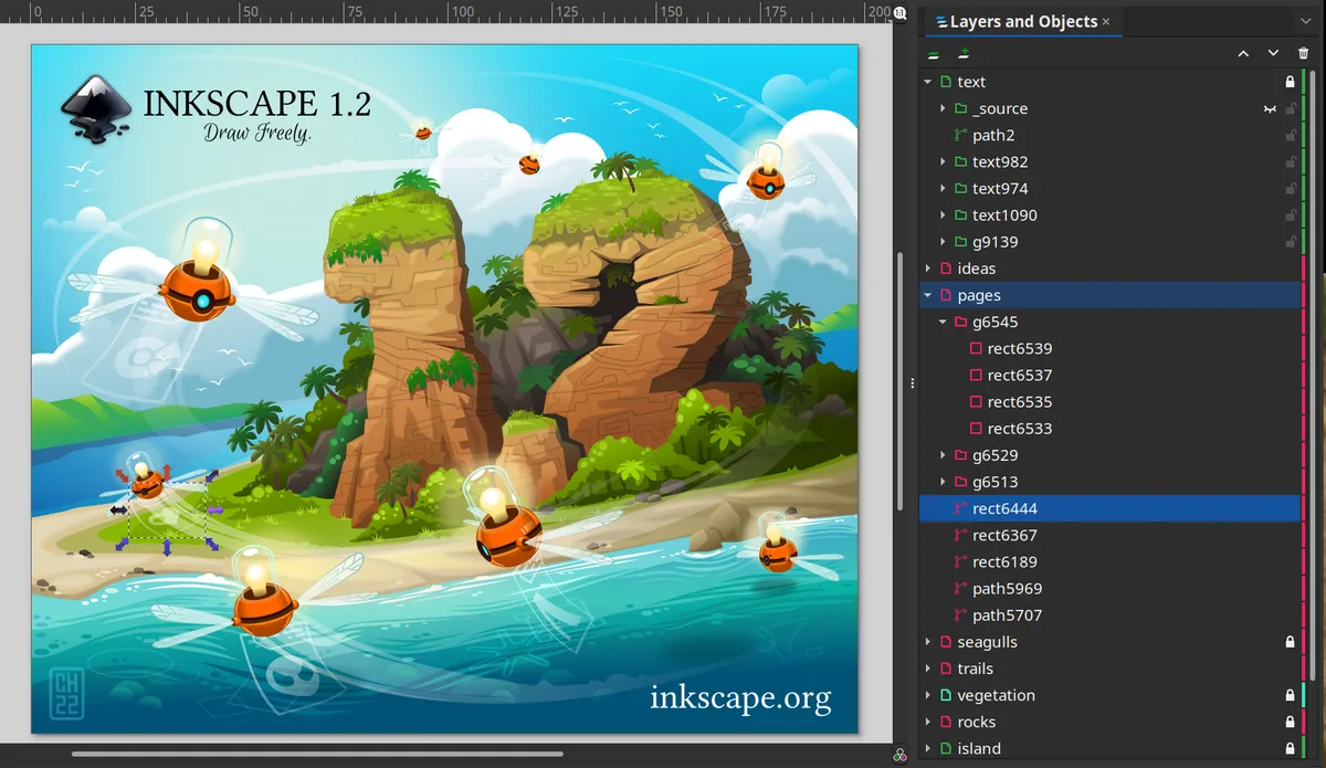Inkscape 矢量画布以及图层与对象面板的官方界面截图
