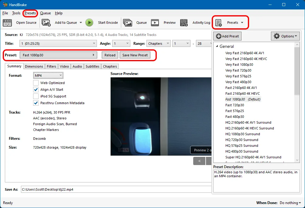 HandBrake Windows 界面中的视频预设列表与摘要参数