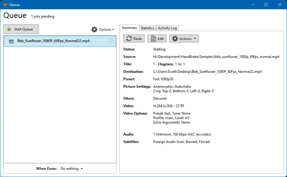HandBrake Windows 批量转码队列与任务参数界面