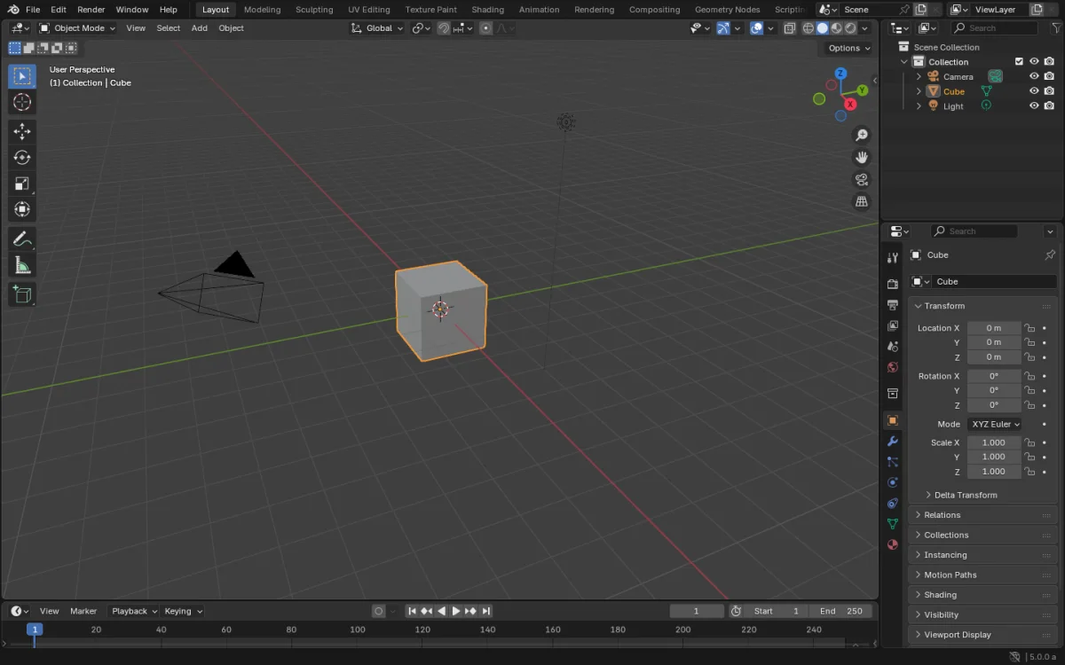 Blender 官方手册展示的默认启动工作区与立方体场景