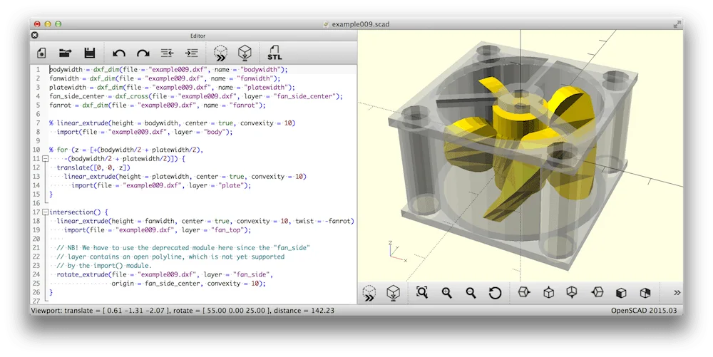 OpenSCAD 官方旧版界面截图,左侧是建模代码,右侧是三维预览