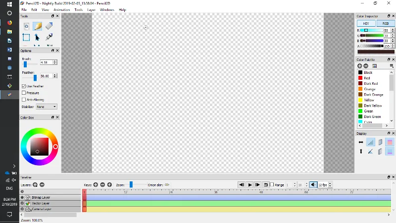 Pencil2D 官方手册中的旧版界面,中央是画布,下方是关键帧时间轴