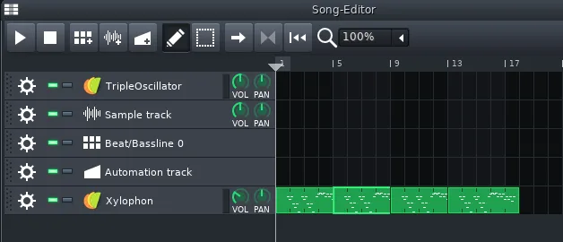 LMMS 官方手册中的编曲编辑器,左侧排列乐器和节拍轨道,右侧显示片段