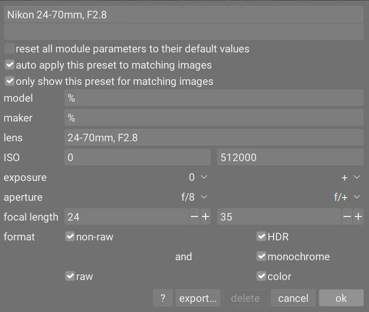 darktable 预设编辑窗口中的镜头和曝光匹配条件