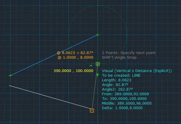 LibreCAD 可视捕捉界面展示辅助线、角度和坐标信息
