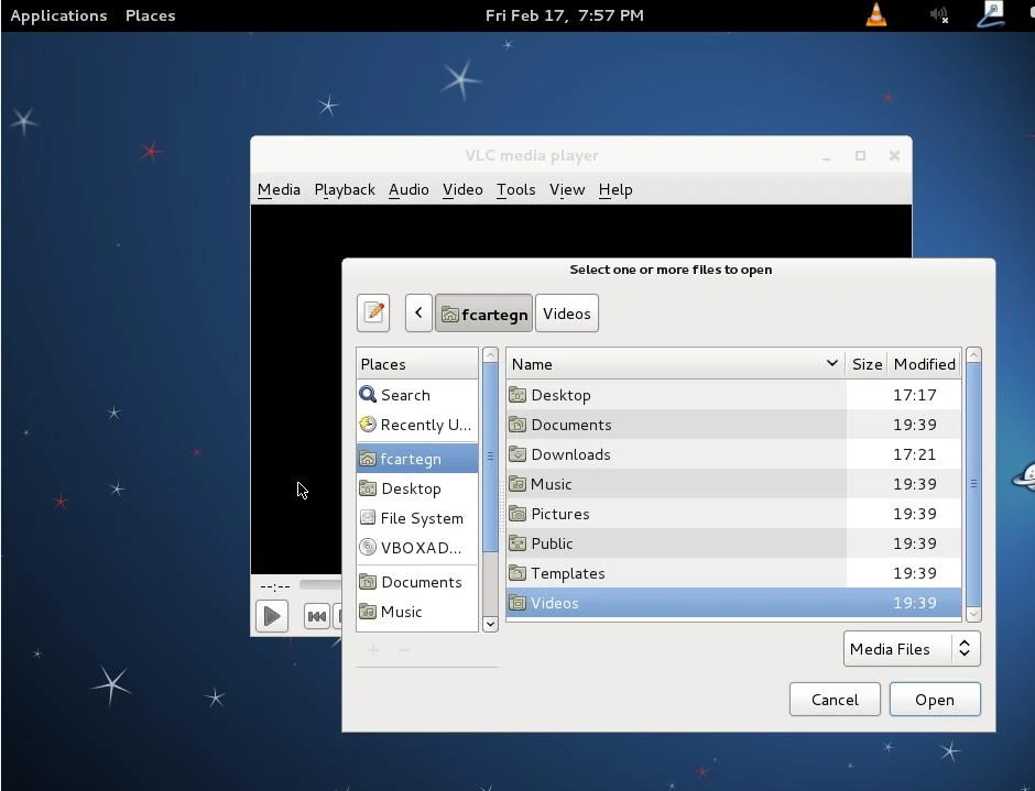 VLC 在 Linux 桌面上打开媒体文件的官方截图