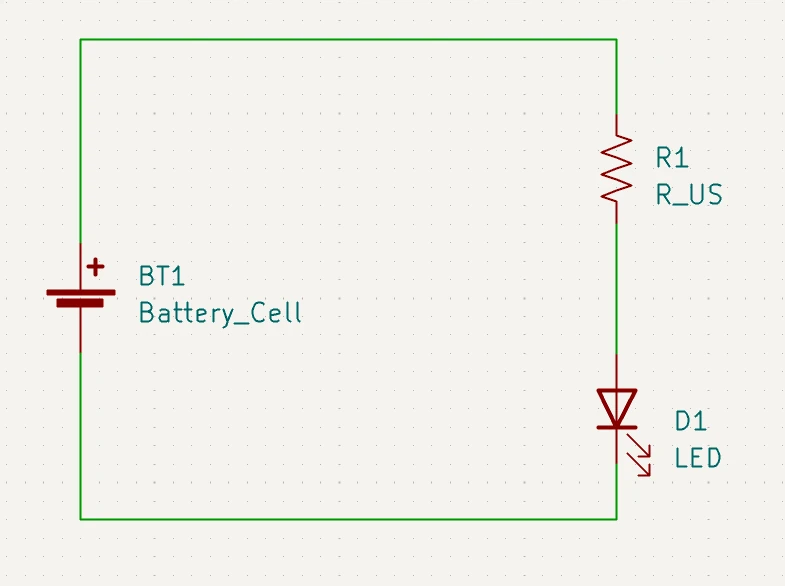 KiCad 原理图编辑器中的电池、电阻和发光二极管电路