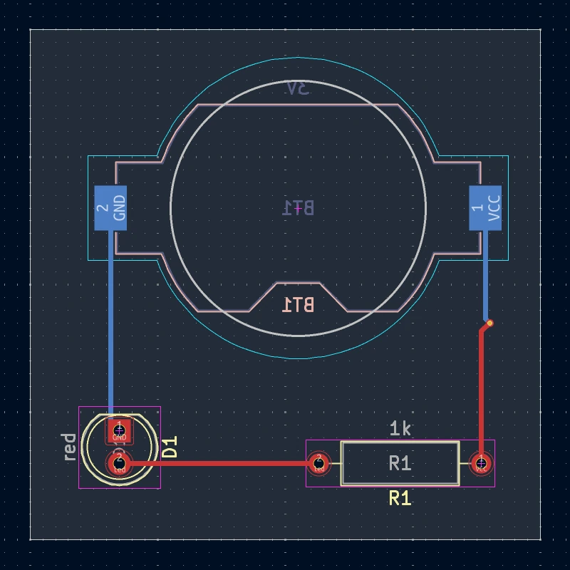 KiCad PCB 编辑器中的电池座、电阻和发光二极管布线