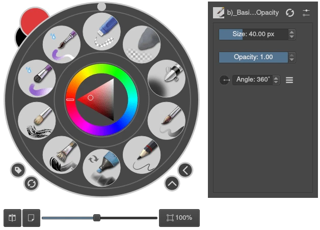 Krita 画布画笔编辑器中的画笔预设环和颜色选择器