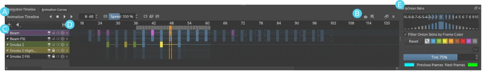 Krita 动画时间轴中的多个图层、关键帧和洋葱皮控制项