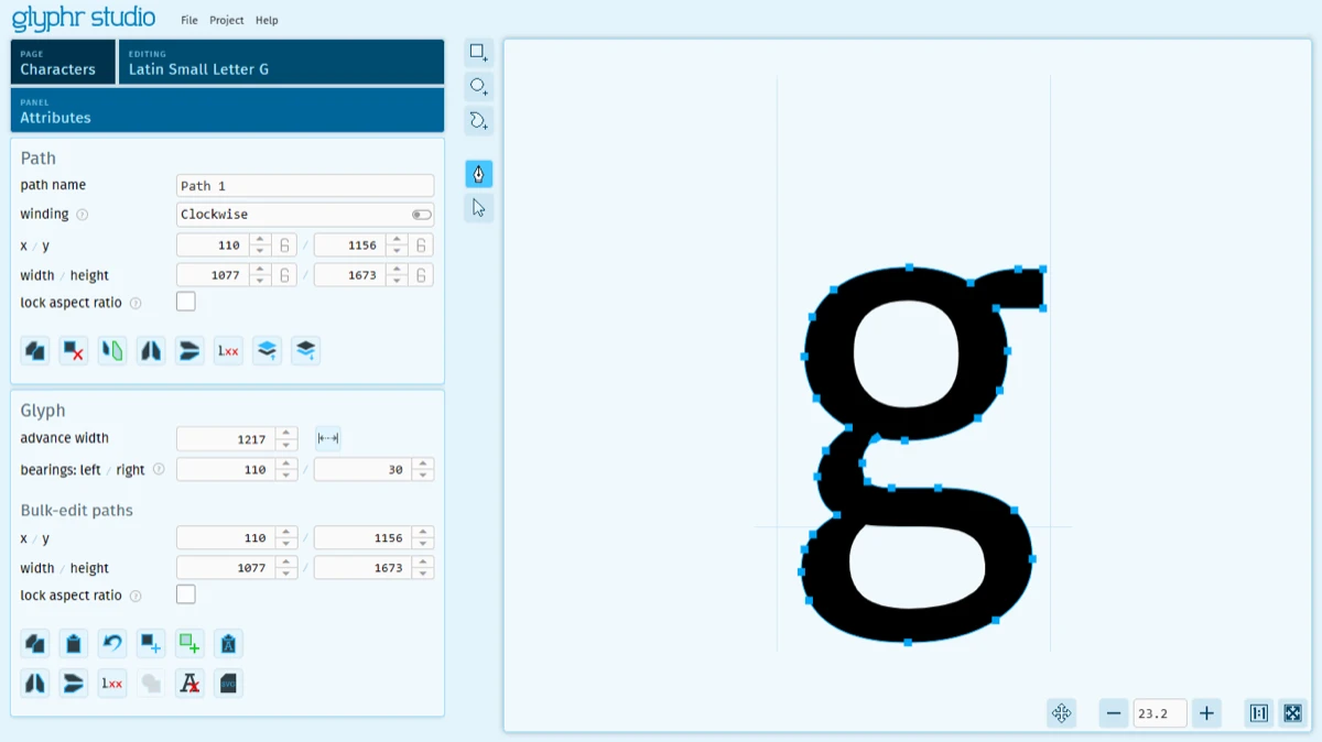 Glyphr Studio 字形绘制与轮廓编辑界面